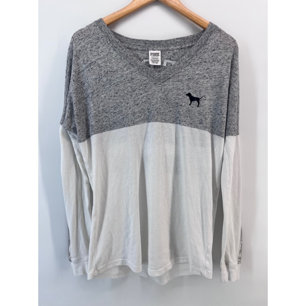 PINK Victoria's Secret Colorblock V-Neck Sequin Long Sleeve Tee Grey S Preppy